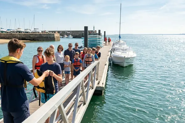 Embarquement d'un groupe au ponton d'une base nautique, gilets ajustés