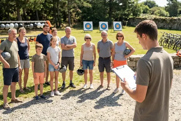 Briefing d'une base multi-activités : tir à l'arc, VTT et casques prêts